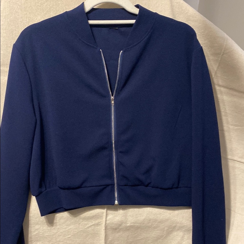 Blue Bomber Jacket with V-Neck and Textured Fabric